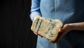 Woman in apron holding piece of blue cheese Gorgonzola on dark background